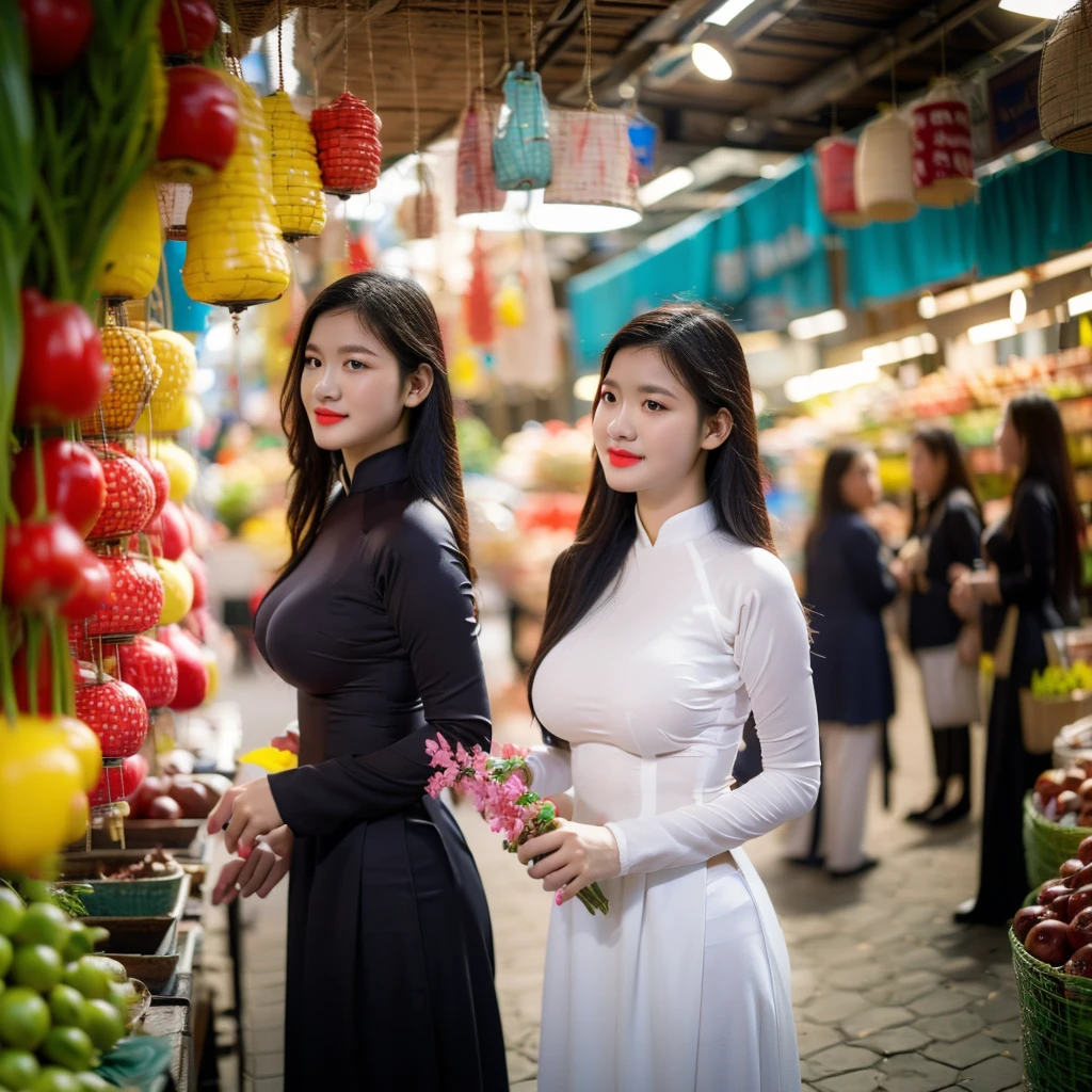 ((Ao Dai, big breasts, beautiful breasts, standing in the middle of the market with many people around, 8k quality photo with good details))