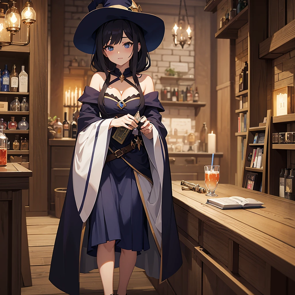 a woman holding a glass of liquid and a book, alchemist girl, she is in the potions workshop, glamor anime witch casting magic, anime moe art style,  anime drinks energy drink, anime look of a beautiful girl, black hair wizard, I&#39;m going to make fanart too, casting a spell on a potion, female protagonist 👀 :8, anime young man ( witch outfit with long skirt, white hair tied into a side ponytail that falls to the shoulder. ((whole body)), Model Sheet, perfil
