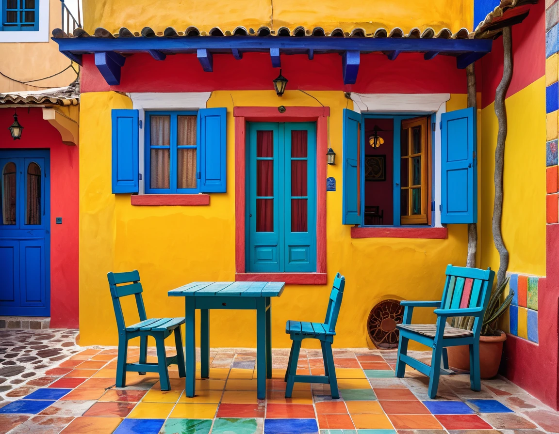 photography of a small rustic beach house with a table and chair in front of it, colorful house, colorful tiled architecture, cracks and infiltration stains on the walls, worn paint, wet sidewalk, seashore in the background, tlaquepaque, by Hundertwasser, 2 4 mm iso 8 0 0 color, by Miroslava Sviridova, Piet Mondrian, beautifully painted, colorful architecture, colorful building, quaint, colorful caparisons, beautiful colorful tilework, realistic 4k ultra detailed, deep focus, vibrant colors,high saturation,high contrast,very high resolution,HDR,8k, masterpiece, best quality