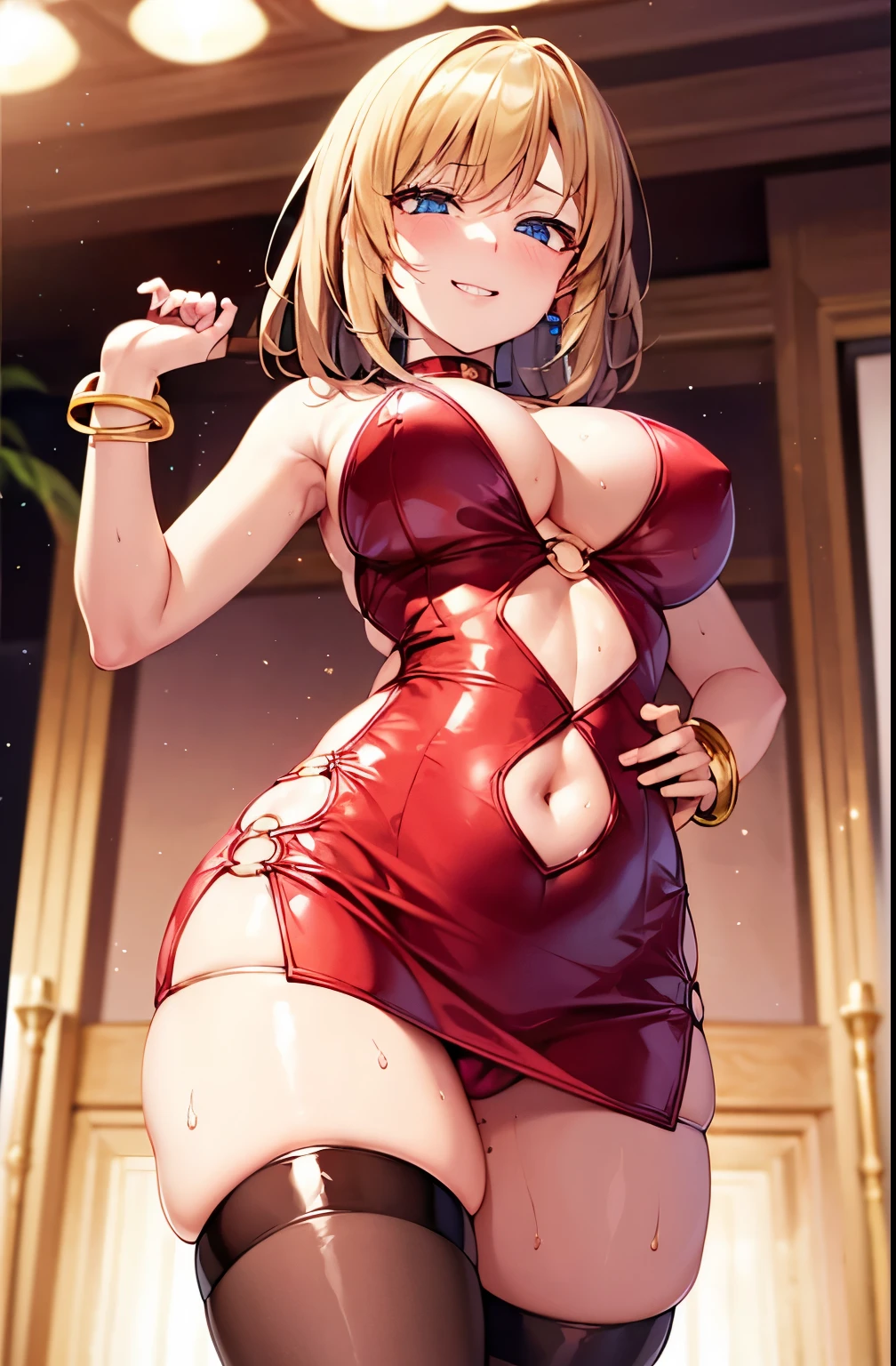 One girl, (alone), Anime girl in dress, Are standing, Micro Dress, Shiny Red Dress, Shiny red choker, gloves, belly button, Waist cutout, underwear, mini skirt, Thigh-high socks, O-ring, necklace, bracelet, Golden, jewelry, Cleavage, Detailed face, Face Focus, Beautiful Eyes, Cowboy Shot, Blonde, Ahegao, looking at the camera, Sweating, Looking Down, Rape Eyes, Grinning, Medium Hair,