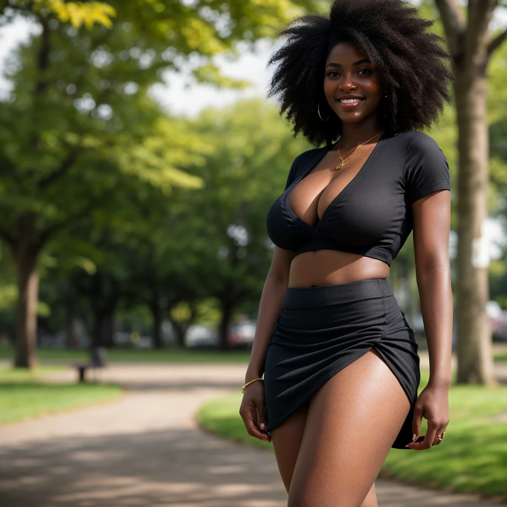 ONE GIRL. best quality, ultra-detailed, hyper realistic, 8k, full body shot, 23 years old, Nigerian beautiful girl, round shaped face, dark black skin, highly detailed skin with blemishes, ebony, dark natural afro hair, fit athletic figure, full body, big natural E cup breasts, big butt, wide hips, wearing a sexy shirt, loose long skirt, cleavage, smiling, in the park