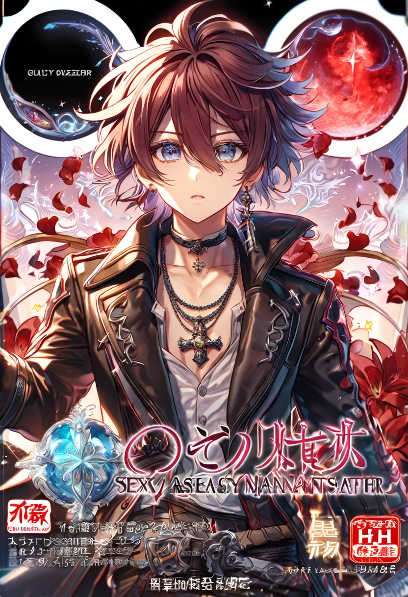 absurdres, highres, ultra detailed, HDR, master piece, best quality, extremely detailed, Luka Crosszeria, black messy hair, hair between the eyes, expressive gray eyes, Uragiri Wa Boku No Namae Wo Shitteiru, solo, sexy man, handsome, demon, small claw shaped earring, black fantasy leather trench coat, black cross necklace, showing the chest, black gloves, magical, fantasy, glittering, sparkling, glass, red flowers, red petals, water, red moon