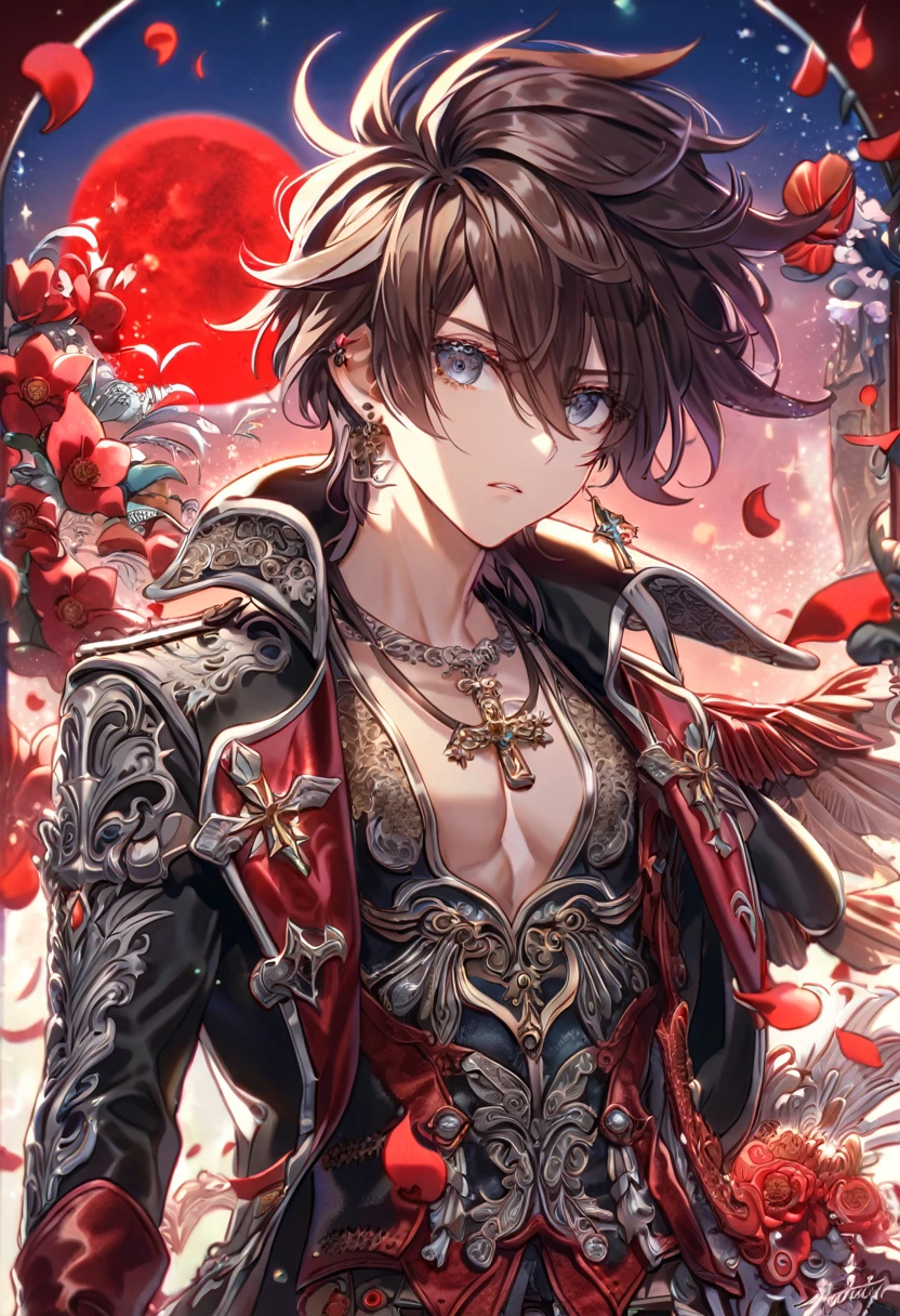 absurdres, highres, ultra detailed, HDR, master piece, best quality, extremely detailed, Luka Crosszeria, black messy hair, hair between the eyes, expressive gray eyes, Uragiri Wa Boku No Namae Wo Shitteiru, solo, sexy man, handsome, demon, small claw shaped earring, black fantasy leather trench coat, black cross necklace, showing the chest, black gloves, magical, fantasy, glittering, sparkling, glass, red flowers, red petals, water, red moon