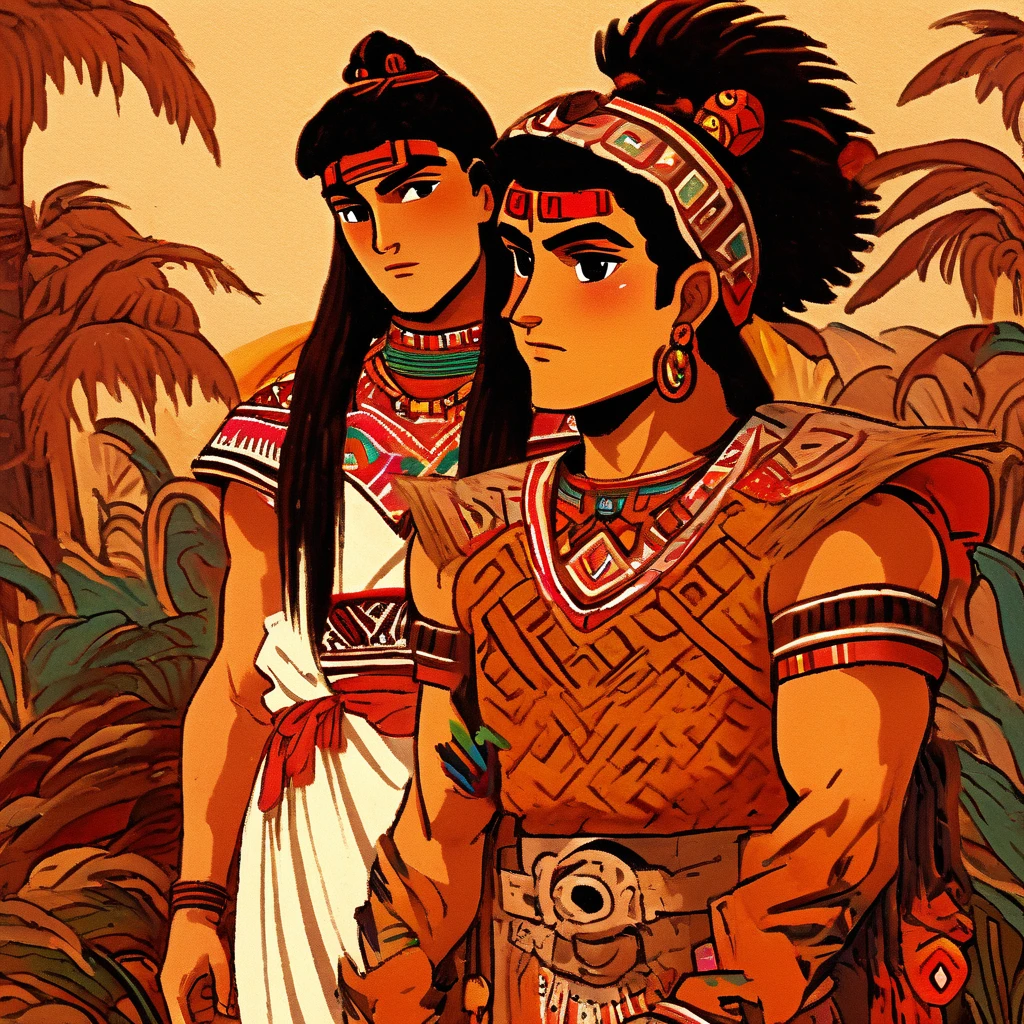 (masterpiece:1.5),(best quality:1.5),(ultra-detailed:ancient native aztec striking very young handsome mexican man in ancient warrior attireand with very young maiden dressed in a long very white cotton/linen full loose embroidered patterned aztec female dress dark brownish reddish copper tint hair big broadhighcheekbones medium liquidbrown eyes bronzed kinda fairer reddish brown copper skinnedwell built well proportion anatomically correct symetrically proportioned broad buffed body muscly with stylish manbun aztec topknots bigbrawny young dressed in ancient aztec very mexican ancient attires in a exotc garden,Masterpieces,8K HD looks with very native mexican and tropical plumage standing in a open courtyard garden af a native ancient ancient looking naive mexican style aztec home-villa estate, anime semi realis,