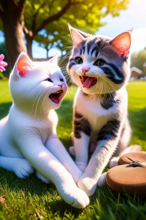 "A white cat named Luna and a black cat named Max spend time together in various spots around a peaceful, tree-lined neighborhood. They are seen playing in a vibrant garden, exploring a grassy field, and resting together under a blooming tree. Both cats look happy and content, sharing joyful moments. The atmosphere is light and joyful, with soft sunlight illuminating their playful activities."