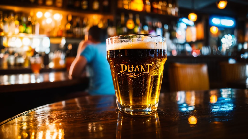 Written boundary depth, HD detailed, Wet Watermark, Hyper Detail, Realistic photos, 16K, Surrealism, Deep focus bokeh, Ray Tracing, Sepia、bar、Beer by the glass is also available.、 There are bubbles in the supernatant、Focus on the glass、Lively atmosphere、bright、