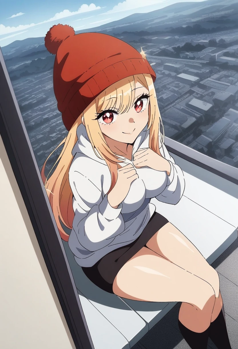 (anime art style:0.1), 2d, masterpiece, best quality, (very aesthetic:1.5), absurdres, dynamic shadows, atmosferic, (kitagawa marin), (1girl), ((blonde hair)), long hair, (red eyes), sparkle eyes, detailed eyes, eyelashes, ahoge, hair between eyes, bangs, medium breasts, curvy body, sexy smile, loose hoodie, white hoodie, black miniskirt, black kneehighs, sneakers, red hat, winter hat, ((feet out frame)), hands on own chest, sitting, crossed legs, (from above), train, sit, window, landscape, winter, afternoon, ((city)), clouds