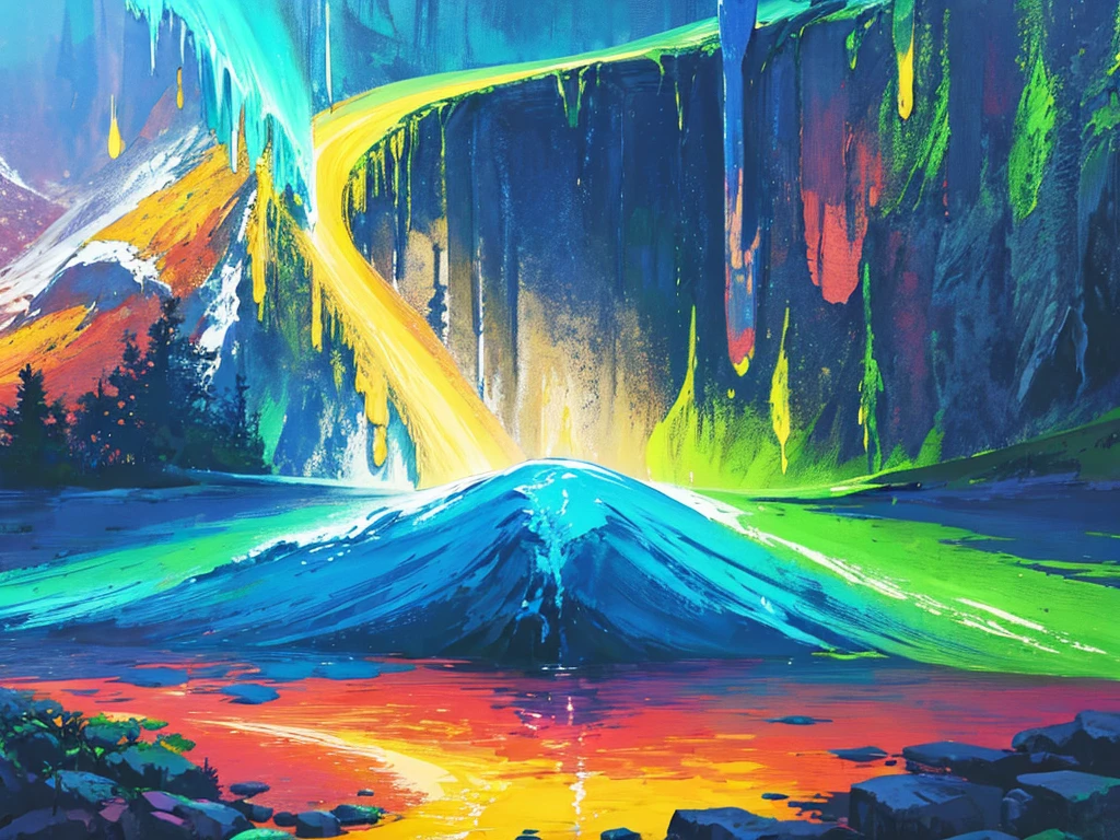 Painting of a waterfall with a rainbow in the middle of it, rainbow river waterfall, with trees and waterfalls, ethereal rainbows, forest and waterfall, just one rainbow 8 k, rainbow, beautiful digital painting, cascading iridescent waterfalls, fantasy painterly style, stunning digital painting, with waterfalls and river, magical forest backround, an endless waterfall, wash technique, colorful, a painting with dripping and scattered paint, Soft Illumination, high quality, master piece