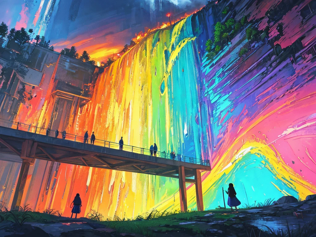 Painting of a waterfall with a rainbow in the middle of it, rainbow river waterfall, with trees and waterfalls, ethereal rainbows, forest and waterfall, just one rainbow 8 k, rainbow, beautiful digital painting, cascading iridescent waterfalls, fantasy painterly style, stunning digital painting, with waterfalls and river, magical forest backround, an endless waterfall, wash technique, colorful, a painting with dripping and scattered paint, Soft Illumination, high quality, master piece