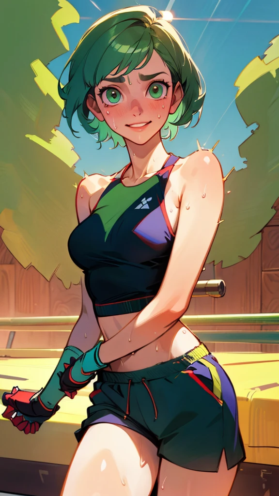 ((((masterpiece, best quality, high resolution)))), Extremely detailed 8K, 1 female, wearing a white crop top and black gym shorts, (Ultra HD, Ultra-detailed, Highly detailed, Highly realistic, Ultra-realistic, photograph realistic), (1girl:1.5), (Realistic green short hair), (dynamic poses), facing at camera, looking at viewer, (a smiling face), (regular hazel eyes, sharp eyes), (perky breasts:1.2), (beautiful detailed face, beautiful detailed eyes), ((slightly sweating)), (preparing for a workout), sweat, glow, (sunbeam, sunlight), ((cowboy shot)), gym background, seductive, EnvyBetterHands LoCon,