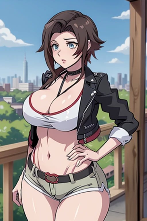 20 year old woman, busty, large breasts, bubble butt, hourglass figure, skinny, blushing, shocked expression, horny, seductive, short hair, brown hair, bangs, wearing brown jacket, biker jacket, cropped leather jacket, white tank top, brown denim hotpants, booty shorts, transparent stockings, spiked belt, spiked wristband, choker, tight fitting clothing, cleavage, flat colours, anime, ecchi anime style, on ship, airship, sailing ship, sailing above the clouds, heavy makeup, kissable lips, punk, punk style, punk hair, hentai, manga, ahegoe, random porn pose, ruby rose, rwby, aerith FF7, Aerith Gainsborough, steam punk, gears