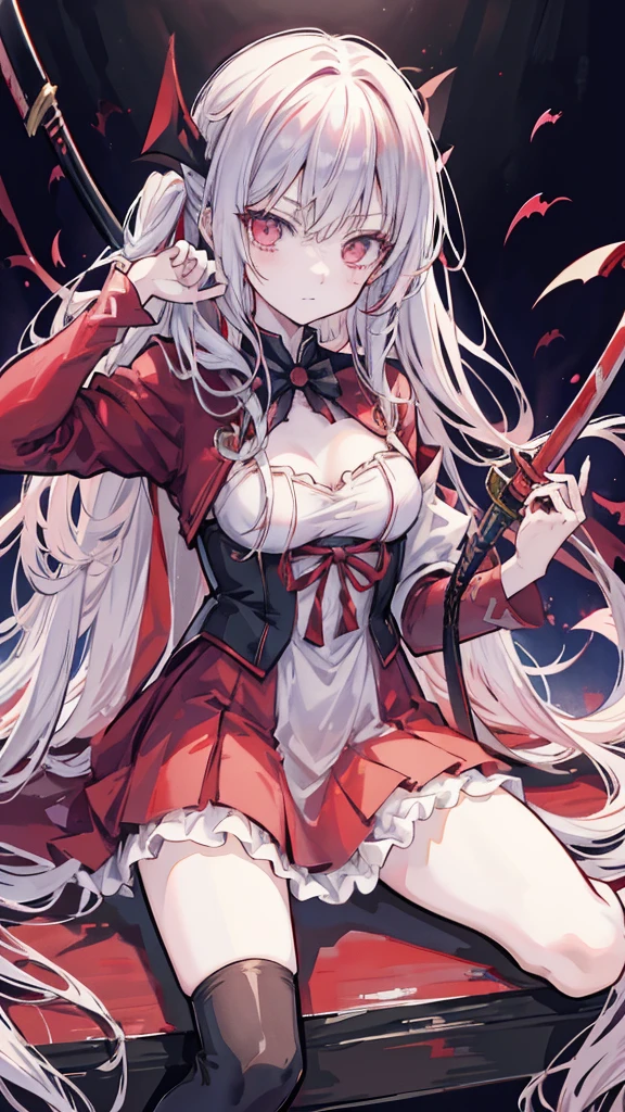 Anime character sitting on a shelf holding a sword and a bloody heart, vampire, Gap Moe Yandere Grimdark, hijikata toushirou, shigenori soejima illustration, Shalltear Bloodfallen, portrait Gap Moe Yandere Grimdark, by Kamaguruka, Inspired by Hiro Yamagata, Detailed Key Anime Art, by Shimo