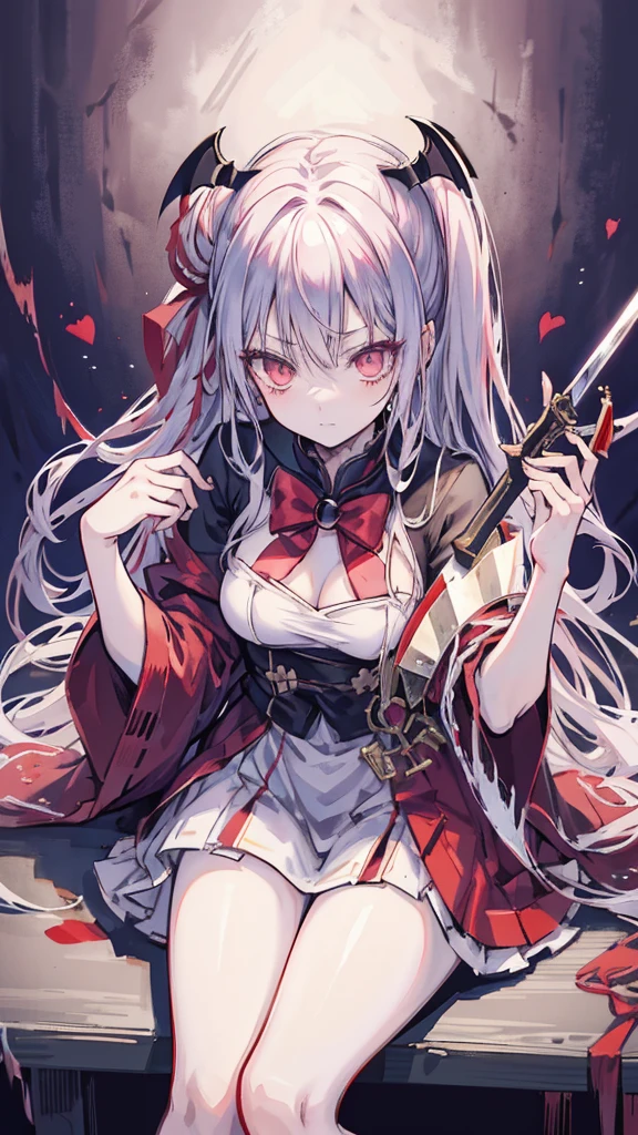 Anime character sitting on a shelf holding a sword and a bloody heart, vampire, Gap Moe Yandere Grimdark, hijikata toushirou, shigenori soejima illustration, Shalltear Bloodfallen, portrait Gap Moe Yandere Grimdark, by Kamaguruka, Inspired by Hiro Yamagata, Detailed Key Anime Art, by Shimo