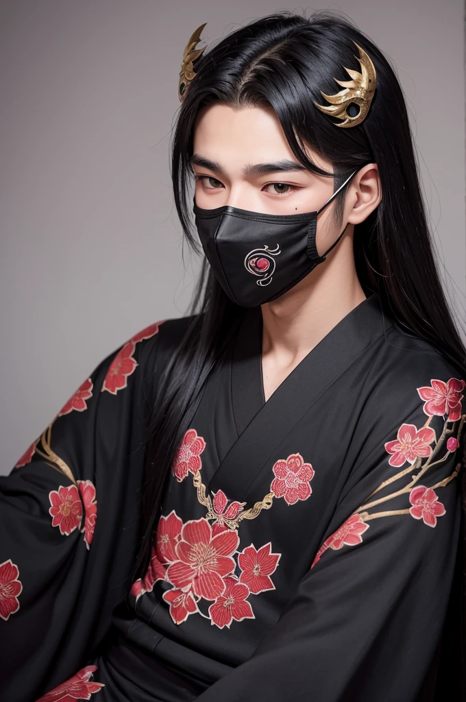 A male teenager with hair wearing a black dragon mask on his face resting on his head, wearing a black kimono with the Sakura symbol 