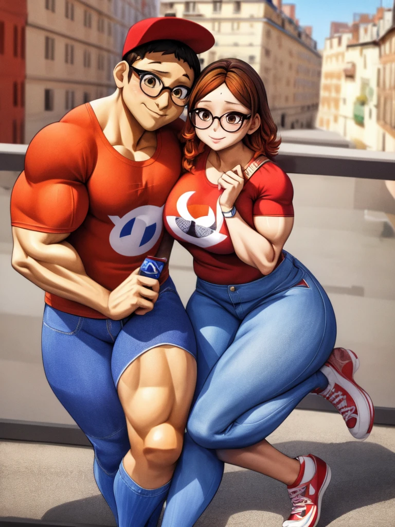 (masterpiece, best quality:1.2), A couple , boy Nino Lahiffe: Brown skin, dark hair, usually seen wearing a red cap, glasses, and casual clothing like a T-shirt and jeans, and a girl Alya Césaire: Brown skin, curly dark brown hair, often wears glasses, and typically seen in stylish, casual outfits. A casual day out with both characters in their everyday attire,Sharing a tender moment, like sitting on a rooftop overlooking Paris..(girl and boy:1), smiling, ((high resolution illustration)), ((extremely detailed)), (couple), Alya, Nino, Nino X Alya, (best quality,4k,8k,highres,masterpiece:1.2), ultra-detailed, realistic:1.37, HDR, studio lighting, extreme detail description, nino wearing a red cap, professional, vibrant colors, bokeh, ((muscular female bodybuilder)), detailed lips, strong embrace, romantic scene, intimate moment, intense passion, athletic bodies, fitness couple, gym background, muscular definition, sculpted muscles, sweat glistening,muscular