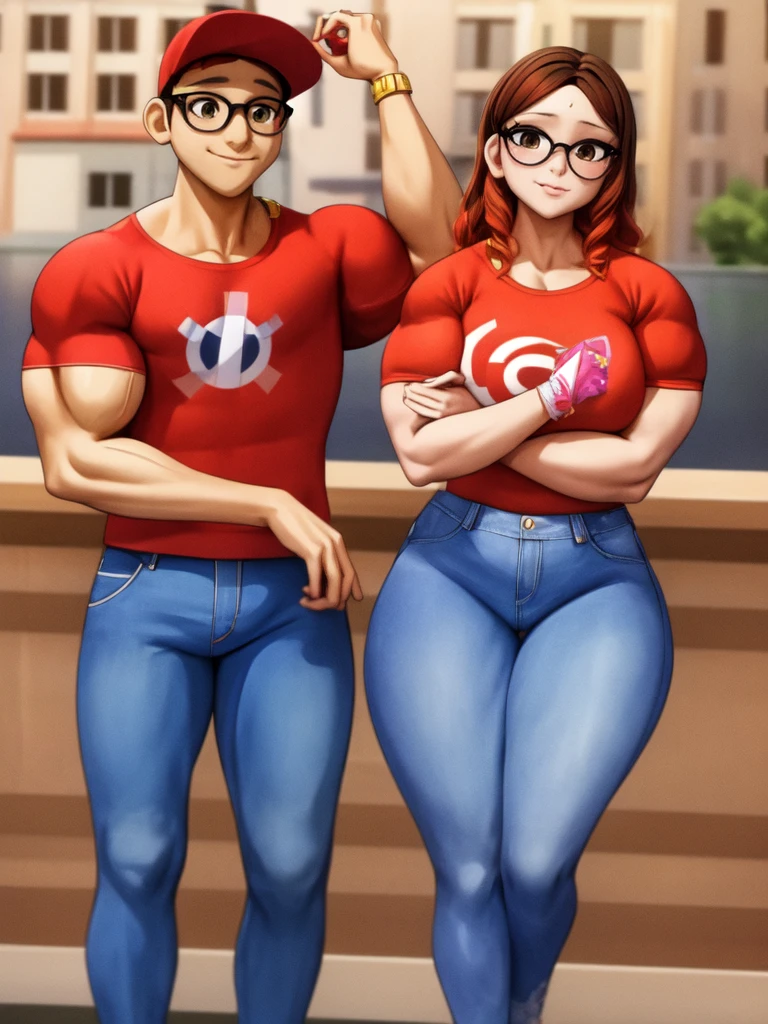 (masterpiece, best quality:1.2), A couple , boy Nino Lahiffe: Brown skin, dark hair, usually seen wearing a red cap, glasses, and casual clothing like a T-shirt and jeans, and a girl Alya Césaire: Brown skin, curly dark brown hair, often wears glasses, and typically seen in stylish, casual outfits. A casual day out with both characters in their everyday attire,Sharing a tender moment, like sitting on a rooftop overlooking Paris..(girl and boy:1), smiling, ((high resolution illustration)), ((extremely detailed)), (couple), Alya, Nino, Nino X Alya, (best quality,4k,8k,highres,masterpiece:1.2), ultra-detailed, realistic:1.37, HDR, studio lighting, extreme detail description, nino wearing a red cap, professional, vibrant colors, bokeh, ((muscular female bodybuilder)), detailed lips, strong embrace, romantic scene, intimate moment, intense passion, athletic bodies, fitness couple, gym background, muscular definition, sculpted muscles, sweat glistening,muscular