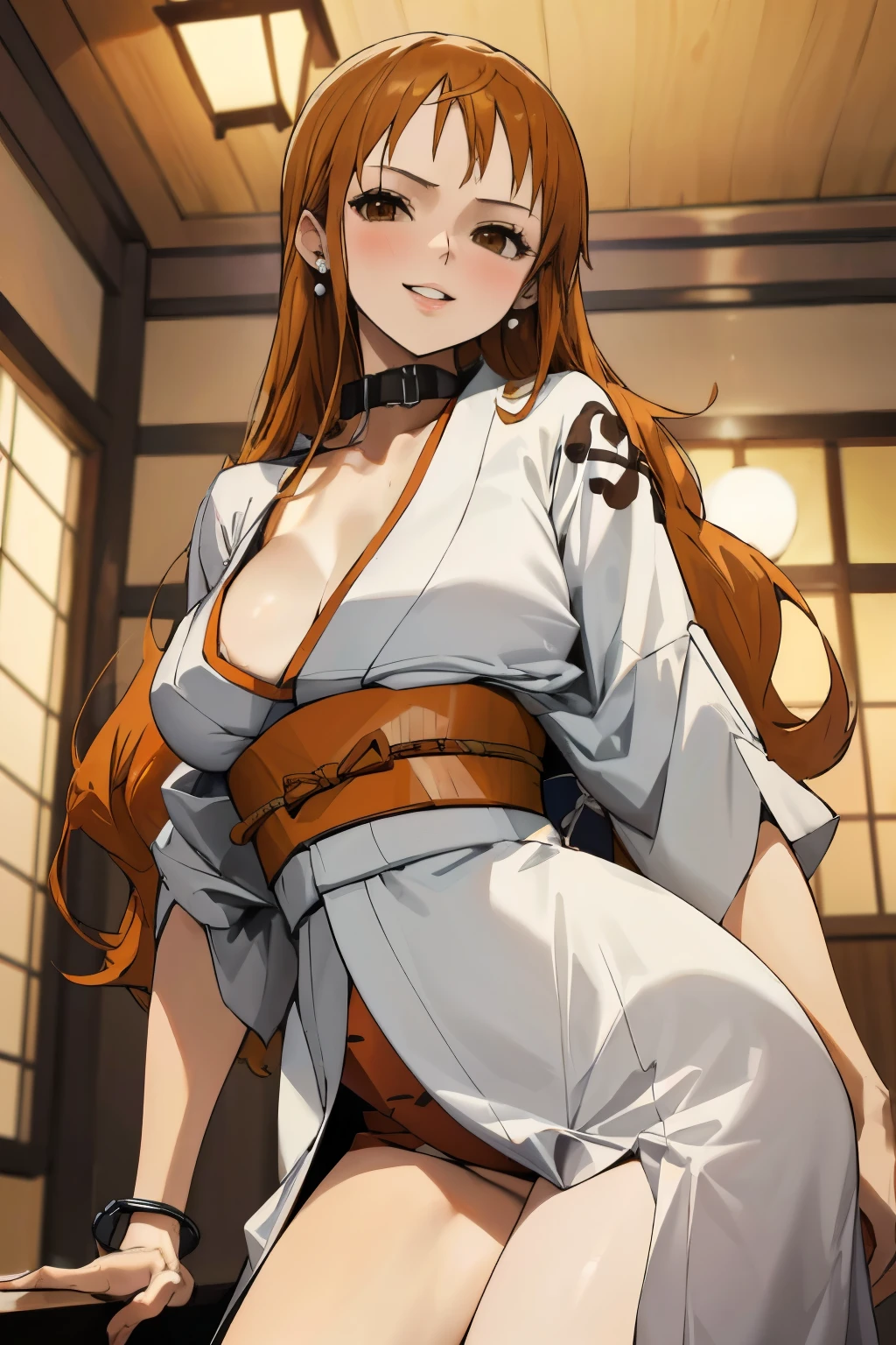 masterpiece, best quality, ultra-detailed, 1girl (namiop, Big and pretty breasts, , jewelry, earrings, dog collar, orange hair,long hair, brown eyes), a come-hither face, wicked smile, parted lips, makeup, glow lips, facing viewer, looking at viewer, solo, kimono, japanese clothes, short kimono, wanostyle, night time, in the livingroom, standing, Sexy waist teasing, a provocative  pose, from_below