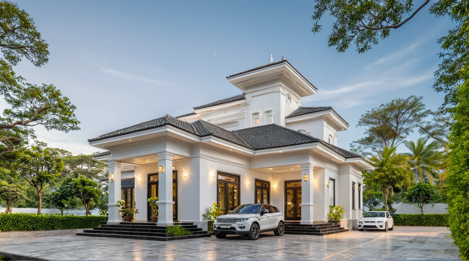 neo classical villa on street, (daylight), (((one floor))) tropical tree, vivid colour, streetcapes, white tone, white wall, large glass door, warm interior lighting, wood and marble, best quality, 20ArchiAI_XL_NeoTH-v2
