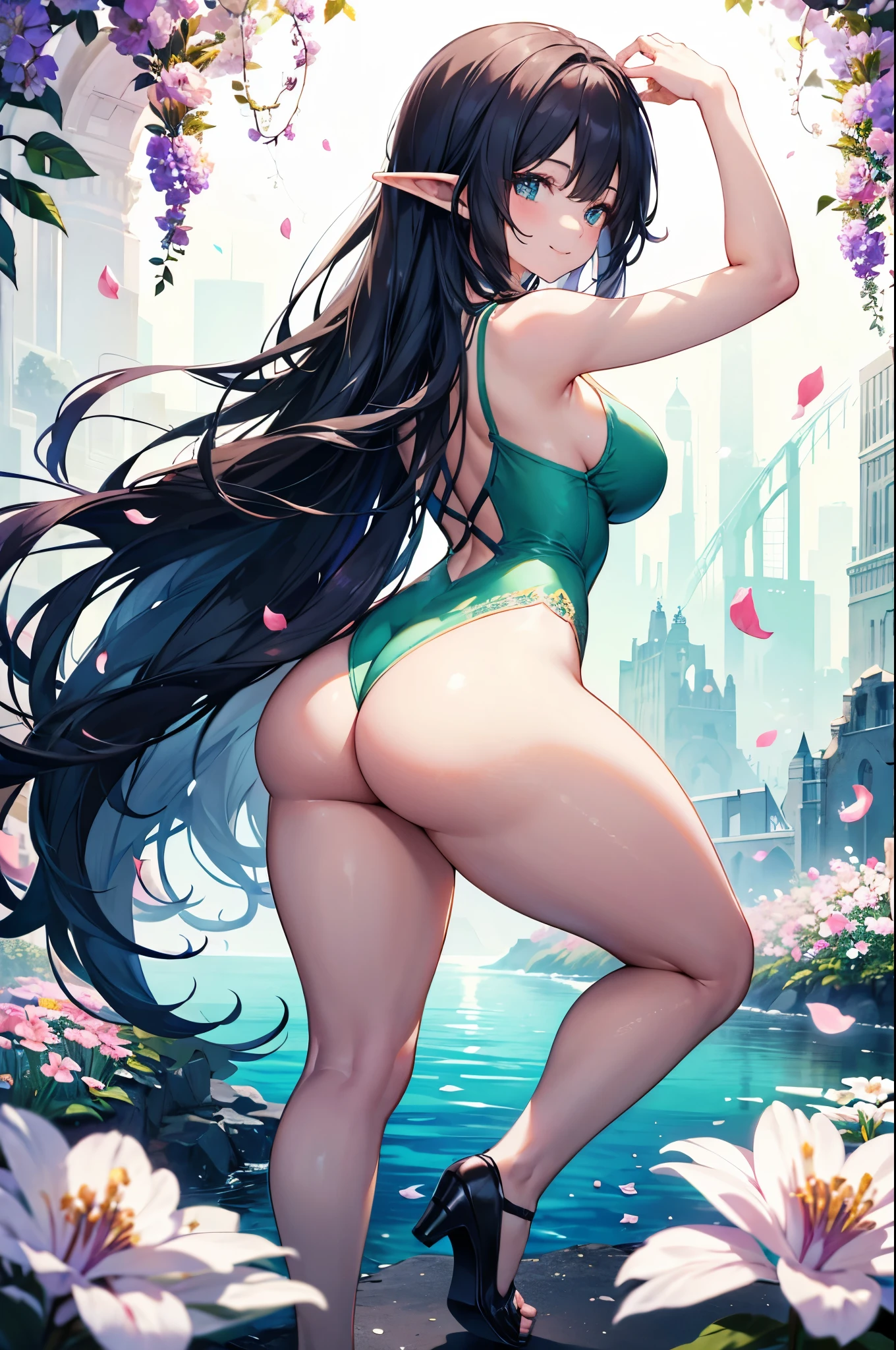 realistic image, detailed image, coherent image, 1 elf, has very long hair, black hair, turquoise eyes, smiling, showing her legs, She has a curvy body, medium breasts and thick thighs, She is posing sensually, arching her back , sprouting buttocks, full body view, flower petals falling, background surrounded by flowers, soft focus, dramatic shadows, volumetric lighting, natural lighting, artificial lighting, white background, from behind,Bitzy