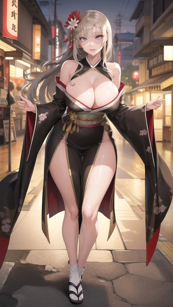 best quality,masterpiece, high res,original, beautiful detailed eyes,ultra-detailed, perfect anatomy,
1girl, solo, full body,
japanese clothes, kimono, white and black kimono,
large breasts, wide hip, mature female,
glamorous body, slender body,
perfect lighting,Colorful, Bright_Front_face_Lighting, shiny skin, 
 (beautiful_face:1.5),  