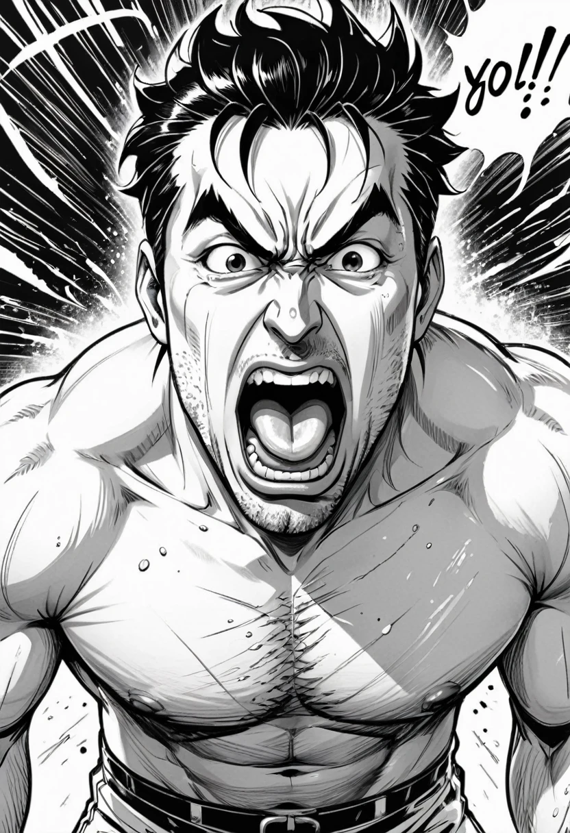 high resolution, manga, clear line, screentone, monochrome, handwritten style, from front, hunk, looking down and mouth very wide open with agony face, middle aged man, yell out, shirtless, stick out tongue,