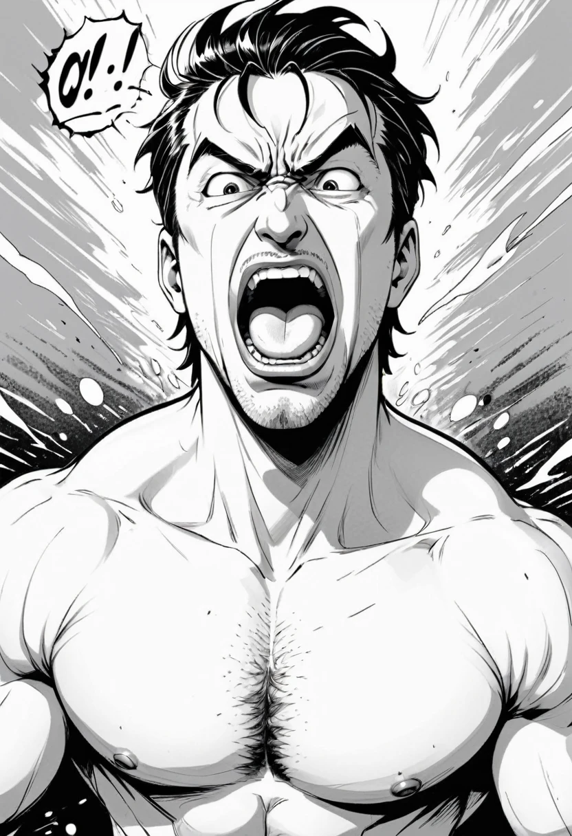 high resolution, manga, clear line, screentone, monochrome, handwritten style, from front, hunk, looking down and mouth very wide open with agony face, middle aged man, yell out, shirtless, stick out tongue,