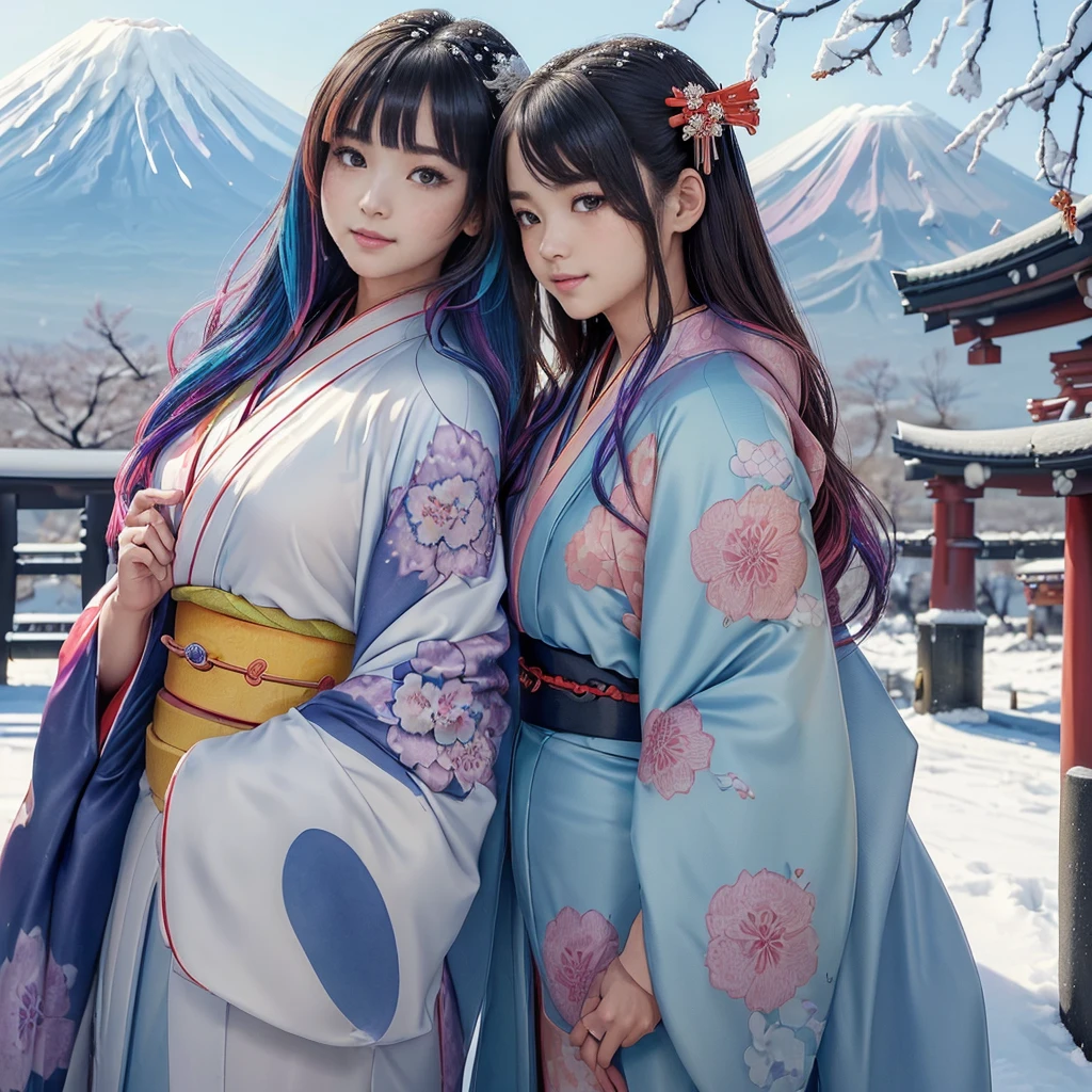 beautiful girl, Watercolor,(The image shows only the upper body:1.7),
((8K, RAW Photos, Highest quality, masterpiece), High-resolution RAW color photos、
Professional close-up photography, (Realistic, フォトrealism: 1.37),
(Highest quality), (Best Shadow), (Best illustrations),
High-quality images、Skin Radiance、Texture of skin and clothing、
Expression of fine eyes、Shiny Hair,Long Hair Girl, Manga inspired by Lee Jong-suk,
Trending on deviantart, realism, detailed manga style, Manga art style,
Perfect Line Drawing, Beautiful line art, digital manga art girl, K-POPアイドル, dress,
Beautiful brown eyes, Fuller lips, Gorgeous face with attention to detail,
(Cute Smile), attractive, Innocent, (Perfectly detailed face),
(Detailed and carefully drawn hand) Photorealistic images, Written boundary depth,
Japanese style princess cut hairstyle,
best quality, masterpiece, New Year,
((Kimono with strikingly beautiful colorful colors:1.7)),
Three Japanese high-school cute girls, ((looking straight)),
gently smiling,
((upper arms hidden by clothes and hair)),
(innocent and pure high-school-girls:1.7)
((white short scarf)), ((white feather shawl)),
(separately side by side:1.4),
shrine background, (mount Fuji:1.3), ((snow))
winter(season), (outdoors:1.5)