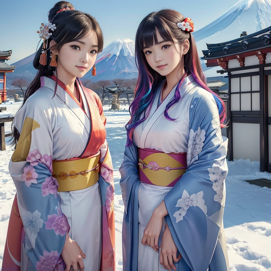 beautiful girl, Watercolor,(The image shows only the upper body:1.7),
((8K, RAW Photos, Highest quality, masterpiece), High-resolution RAW color photos、
Professional close-up photography, (Realistic, フォトrealism: 1.37),
(Highest quality), (Best Shadow), (Best illustrations),
High-quality images、Skin Radiance、Texture of skin and clothing、
Expression of fine eyes、Shiny Hair,Long Hair Girl, Manga inspired by Lee Jong-suk,
Trending on deviantart, realism, detailed manga style, Manga art style,
Perfect Line Drawing, Beautiful line art, digital manga art girl, K-POPアイドル, dress,
Beautiful brown eyes, Fuller lips, Gorgeous face with attention to detail,
(Cute Smile), attractive, Innocent, (Perfectly detailed face),
(Detailed and carefully drawn hand) Photorealistic images, Written boundary depth,
Japanese style princess cut hairstyle,
best quality, masterpiece, New Year,
((Kimono with strikingly beautiful colorful colors:1.7)),
Three Japanese high-school cute girls, ((looking straight)),
gently smiling,
((upper arms hidden by clothes and hair)),
(innocent and pure high-school-girls:1.7)
((white short scarf)), ((white feather shawl)),
(separately side by side:1.4),
shrine background, (mount Fuji:1.3), ((snow))
winter(season), (outdoors:1.5)