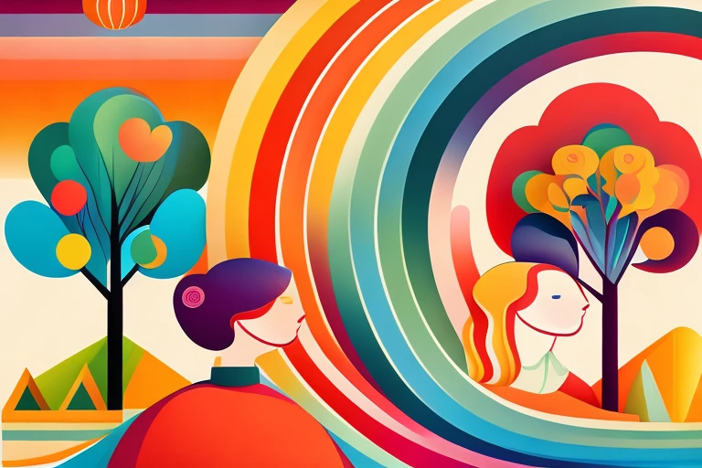 art illustration，rainbow，portrait，portrait，trees，rich and colorful, rainbow, small , Contrasting colors, in the spring landscape, icon design, Rozmin trip, vector art，(masterpiece, best quality:1.2), 1 girl, alone，Abstract surreal colors, popular geometric surrealism, Rainbow colored dreams