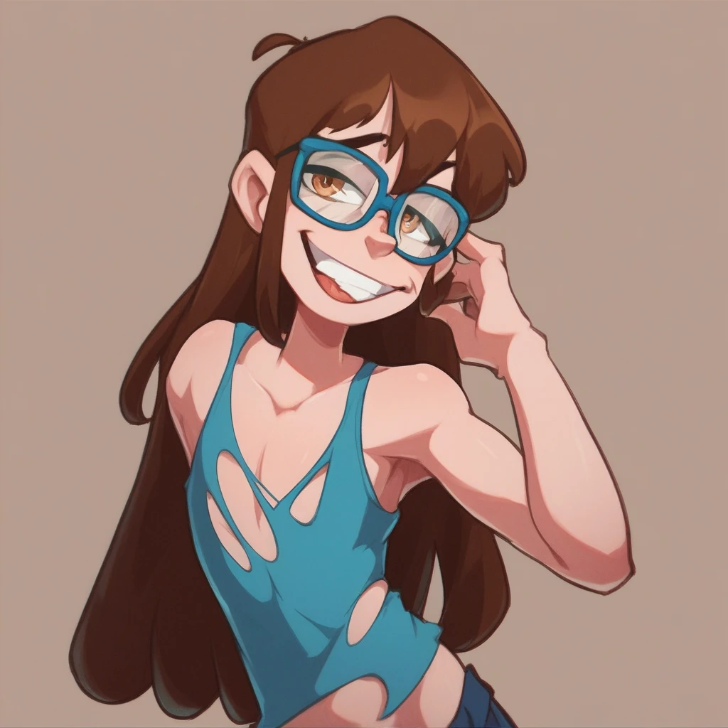 Ralph Bakshi Style, tall skinny brunette with long dark hair and glasses, nudity:1.5, (extreme nsfw):2.5, torn tanktop, (flatchested):1.5, lewd:2.0