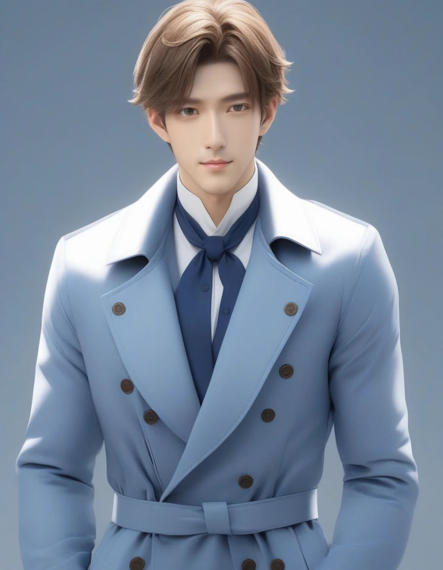 1man, mature male, parted bangs, medium-short hair, brown hair, muscular male celeb, short goatee, short mustache, indigo eyes, gentleman, elegant netori male, chiseled face, male high ratio body proportions, BREAK solo, white collared shirt, gray trench coat, black neck ribbon, fullbody, romance, shy smile, in gentle sasaki style, visual novel, 2010s, extreme all detailed, masterpiece, best quality