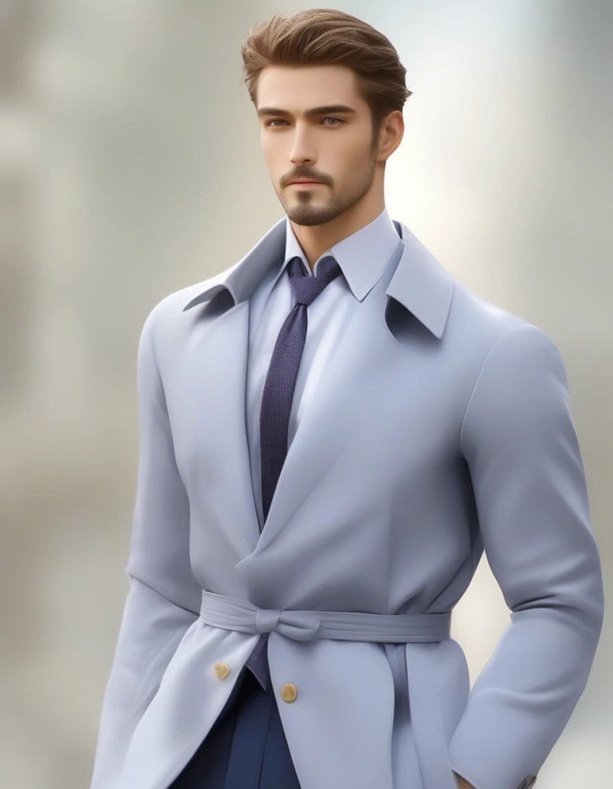 1man, mature male, parted bangs, medium-short hair, brown hair, muscular male celeb, short goatee, short mustache, indigo eyes, gentleman, elegant netori male, chiseled face, male high ratio body proportions, BREAK solo, white collared shirt, gray trench coat, black neck ribbon, fullbody, romance, shy smile, in gentle sasaki style, visual novel, 2010s, extreme all detailed, masterpiece, best quality