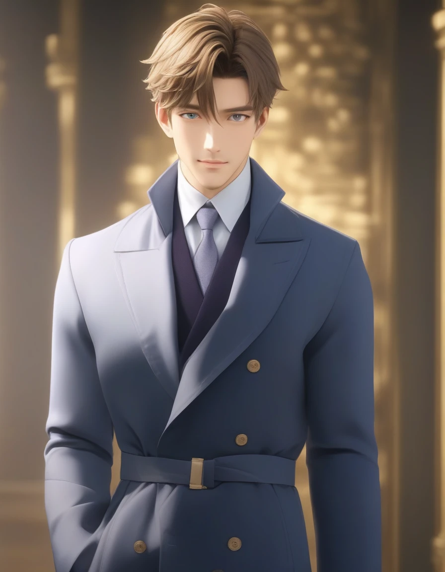 1man, mature male, parted bangs, medium-short hair, brown hair, muscular male celeb, short goatee, short mustache, indigo eyes, gentleman, elegant netori male, chiseled face, male high ratio body proportions, BREAK solo, white collared shirt, gray trench coat, black neck ribbon, fullbody, romance, shy smile, in gentle sasaki style, visual novel, 2010s, extreme all detailed, masterpiece, best quality