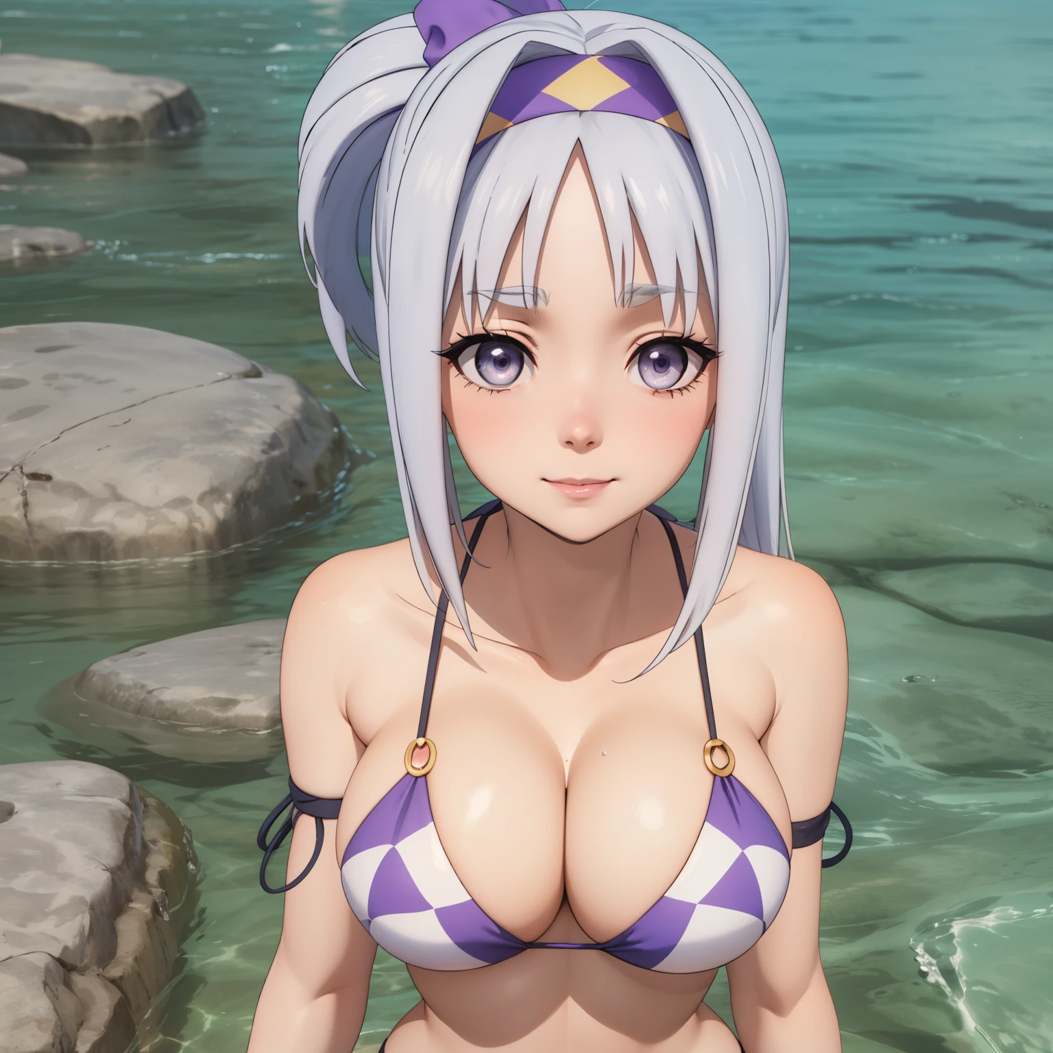 Women. 30 years old mature face, long silver hair ponytail, silver eyes, happy smile, big breasts, blush. silver bikini, is in front of the viewer, whole body, background a sunny beach. drops of water on his chest. purple ribbon on her head. 1 sola Women Women sola. imagen de whole body. drops of water on his chest. very big breasts.