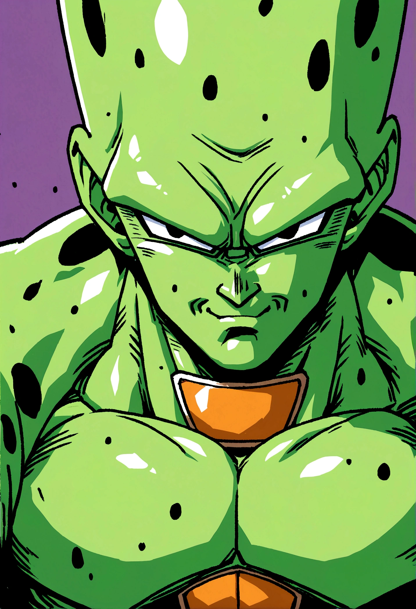 cell personagem de dragon ball, green body with black spots, without eyebrows