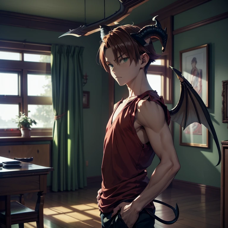 ((ultra realisitic)), ((picture-perfect)), ((face perfect)), ((ultra detaild)), ((fully body)), a boy standing in a room, Demon Boy, with horns and tail and red wings, wearing casual clothing, ((greeneyes)), ((tatsumi style, akame ga kill)), ((boy with wings and tail and horns))