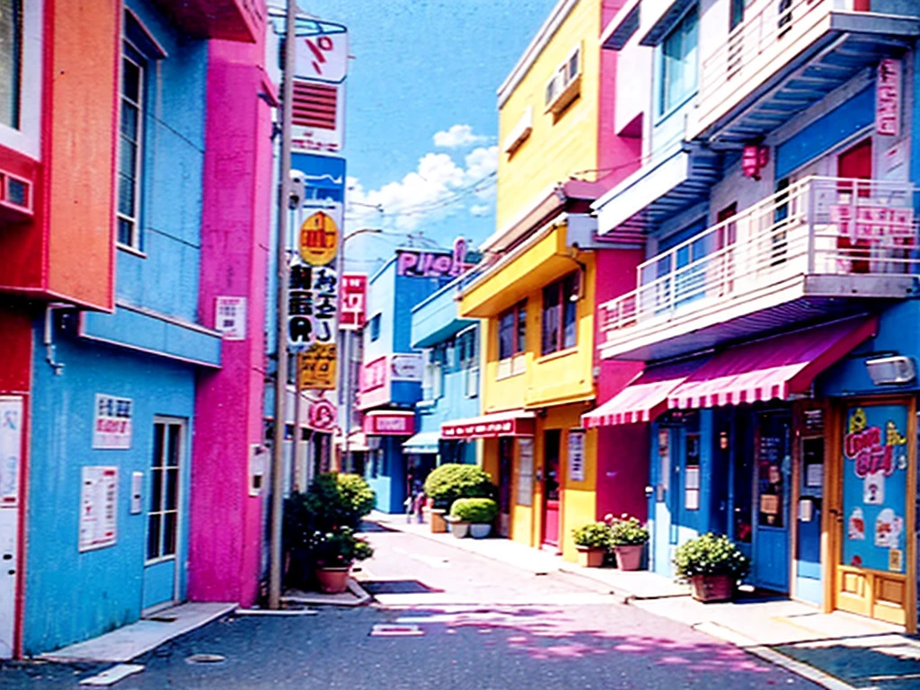 screencap from 80s movie, pink vivid Malibu paradise, multiple colors, view on foot, street view, designed by Hayao Miyazaki, retro anime