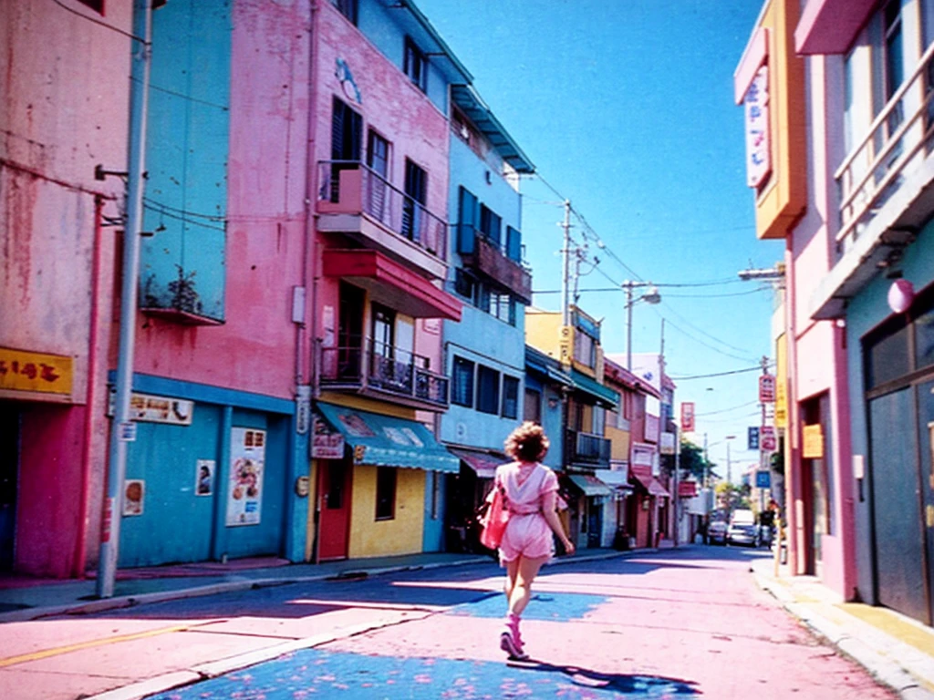 screencap from 80s movie, pink vivid Malibu paradise, multiple colors, view on foot, street view, designed by Hayao Miyazaki, retro anime