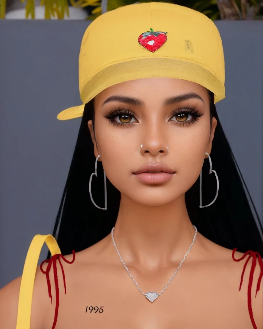 a close up of a woman wearing a yellow hat and a necklace, imvu, latina skin, 8 k highly detailed ❤🔥 🔥 💀 🤖 🚀, hyperrealistic , digital art. @mariomaniacdude, detailed realistic face, she has olive brown skin, high quality 16k digital art, highly detailed realistic face, realism artstyle