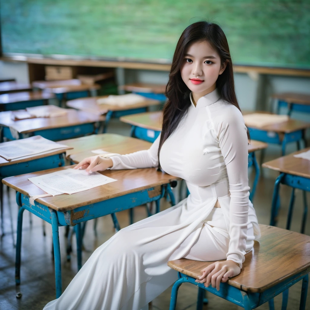 ((Ao Dai, big breasts, beautiful breasts, sitting on a chair in the classroom, 8k quality photo with good details))