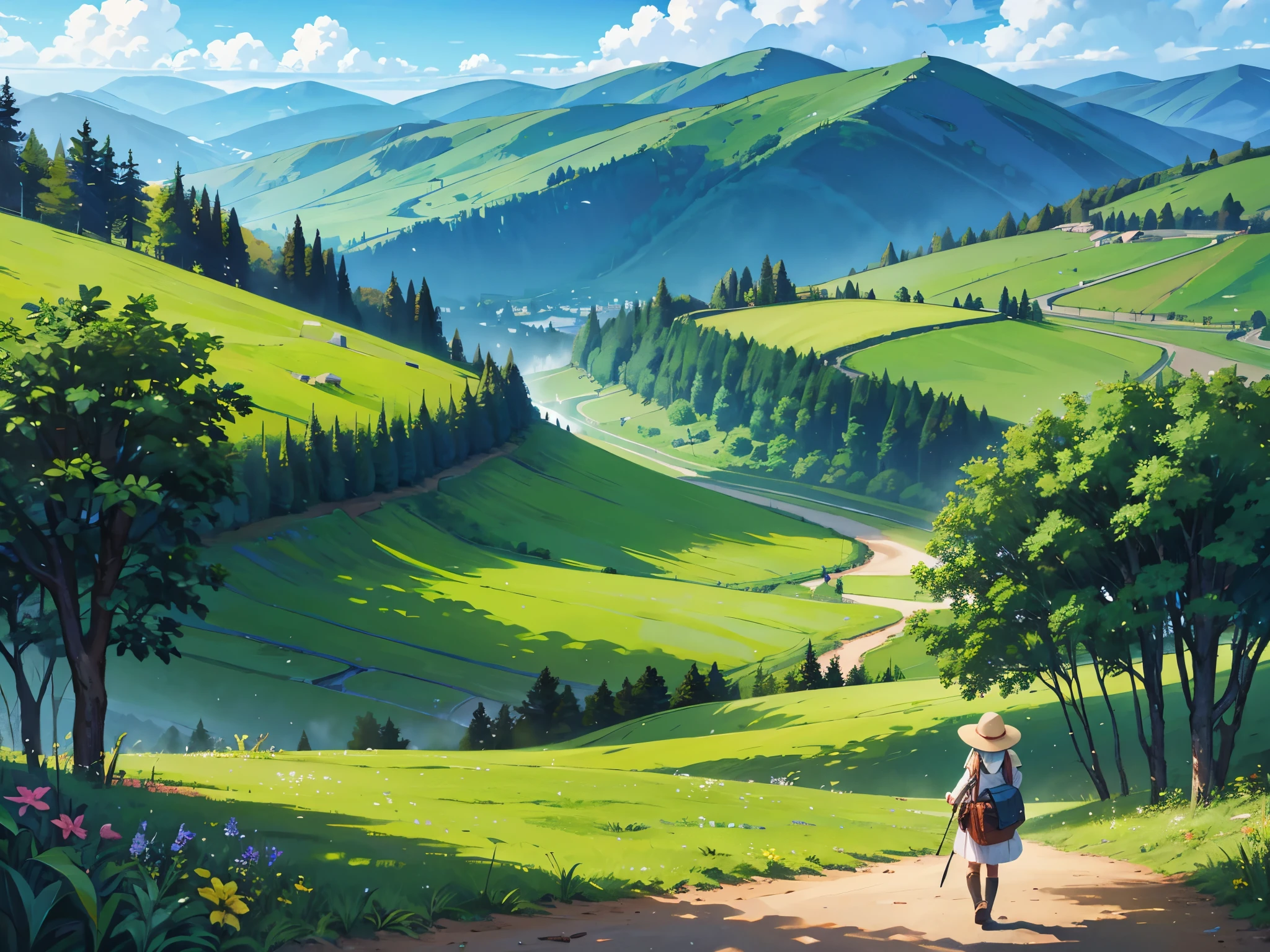 a landscape of a lush valley, 1girl, traveler