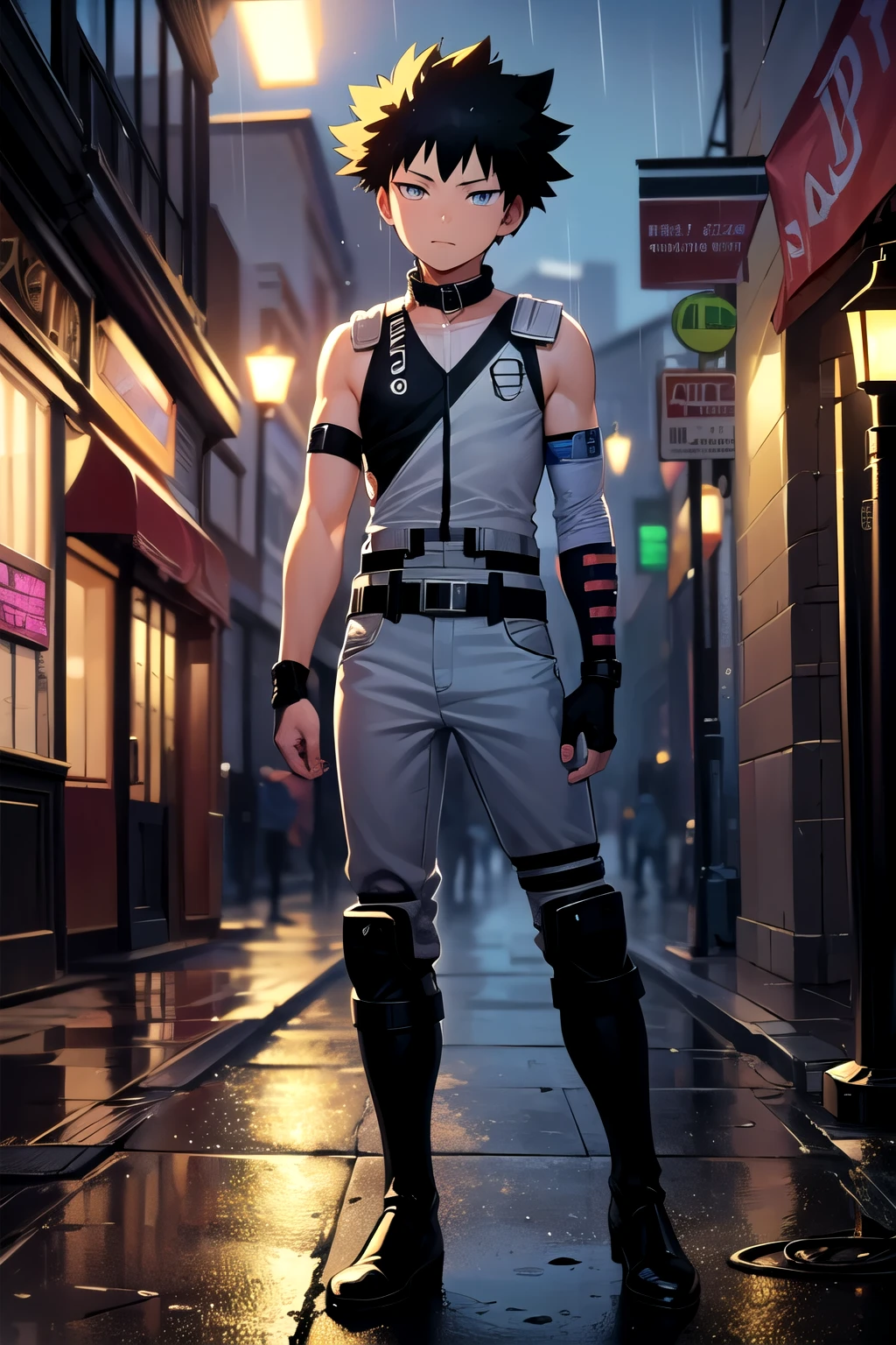 ((masterpiece,best quality, detailed)), 1boy lean, outdoors, city alley, night, lamppost, fog, rain, fingerless gloves, chocker collar, bodysuit, antihero, knee pads, black pants, boots, black faux hawk hair with touches of white on the tips, read-green eyes, my hero academia style, stand up, cross arm