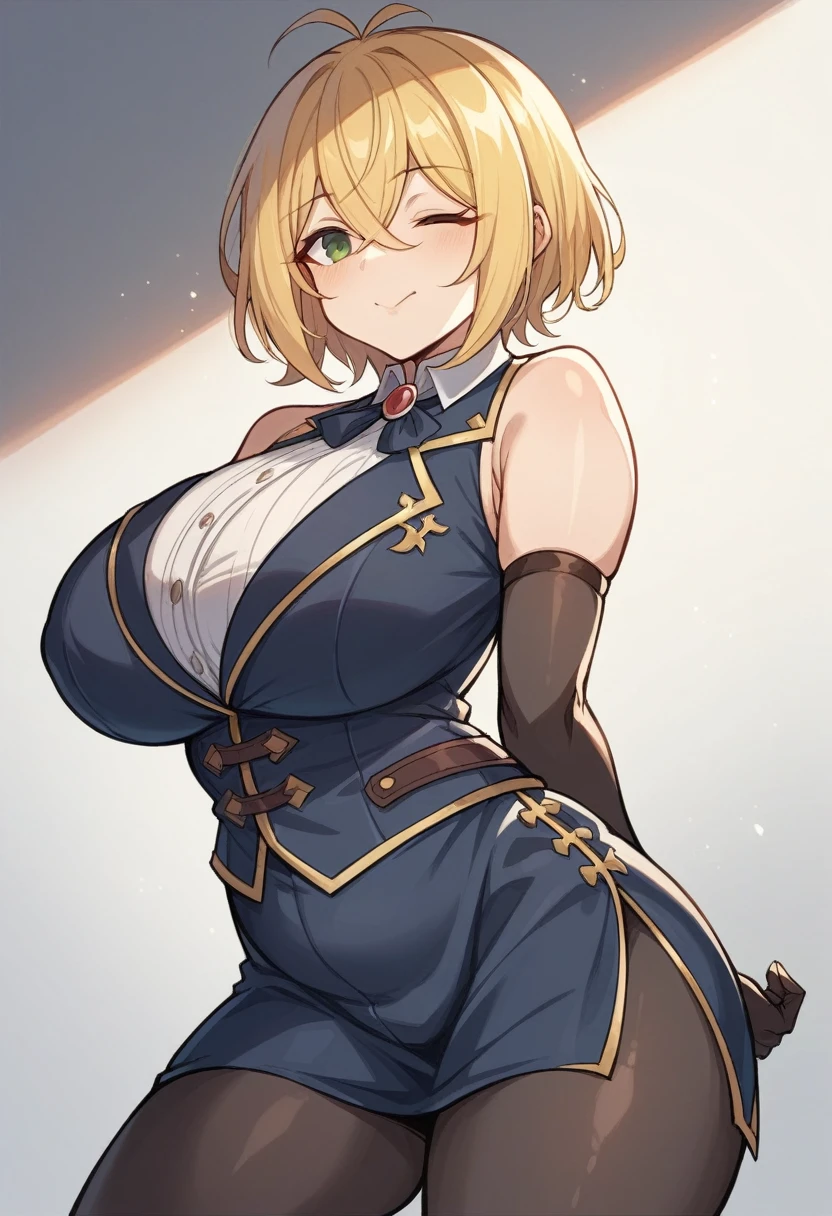 （One girl）、(short hair)、(sidelock)、((Blonde))、Princess Connect、((boyish))、huge breasts、((plump))、(beautiful girl)、[Big thighs]、Green Eyes、(Healer)、Black Vest、black leggings、White sleeveless、hairs between eyes, crossed bangs、(long gloves)、closed mouth、wink、arm behind back