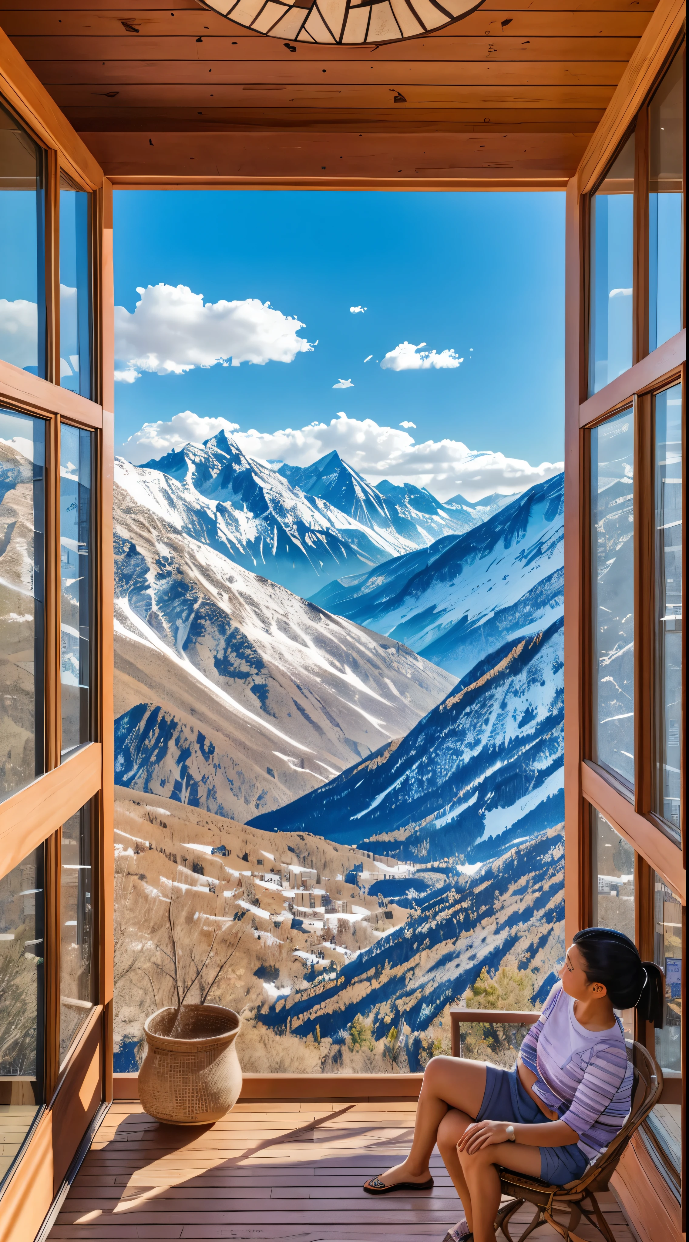 Concept Art、No humans、Countryside、Under the clear blue sky、Snow-capped mountains can be seen