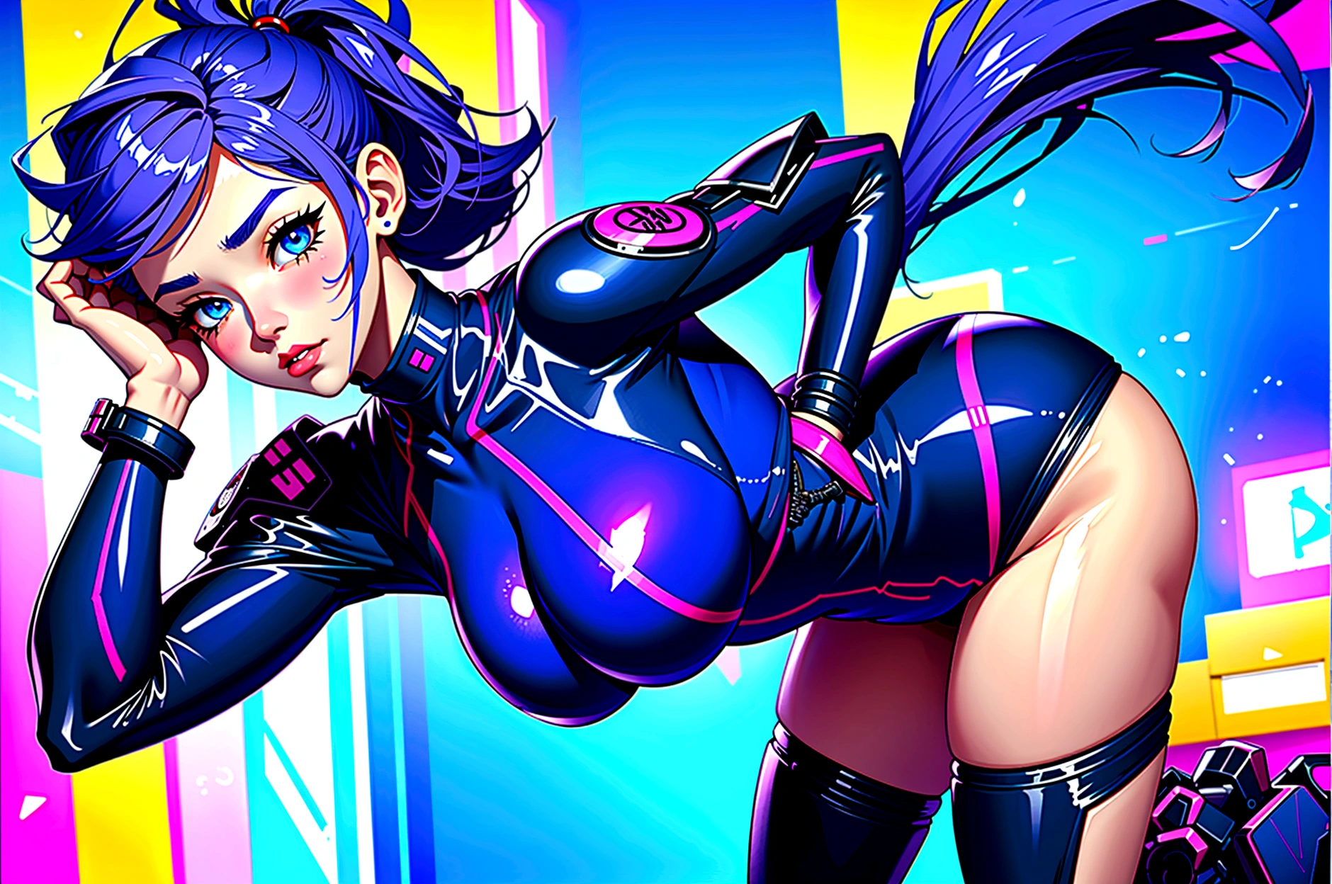 Neon colorful future city streets、Full body cyber girl with ponytail. Beautiful Face. ((Big Breasts))、((Big Butt))、Purple Hair、Tiny swimsuit、She has bright blue eyes. The environment is like a Terminator.