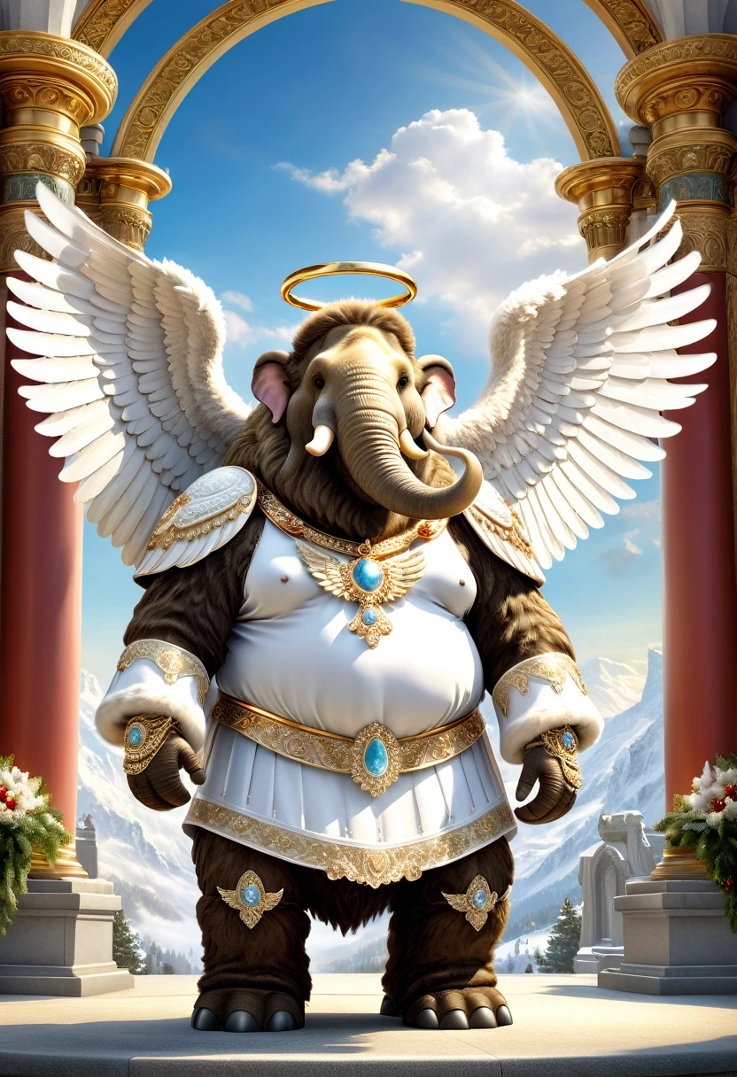  photorealistic portrait of Dressed animals-a ((fat)) ((mammoth)) angel,(furry), (elegant pose:1.5), (hands on hips:1.5),(smile:1.5),high quality,(angel wings),(lovely) ,intricate details, Wearing angel clothes , (angel's ring above head), highly detailed ((angel wings)) ,highly detailed decorations of clothes, angel boots , (happy), soft lighting,(full body image:2.0),holy temple background,clouds,score_9, score_8_up, score_7_up, score_6_up, score_5_up, score_4_up,