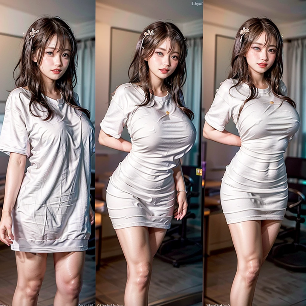 White and Bright Red, (Masterpiece 8K TopQuality:1.2) (ProfessionalPhoto:1.37) ExtremelyDetailed (((KAWAII girl with HUGE boobs:1.4)) yellow oversized t-shirt (Extremely detailed cotton textures)  BREAK  (((NOGIZAKA FaceVariations))), Extremely Detailed very KAWAII FaceVariations, Childish CaptivatingGaze Stunning ParfectEyes ElaboratePupils with (SparklingHighlights:1.28), DoubleEyelids with (Detailed Voluminous LongEyelashes:0.88), Small GlossyRedLips with BeautifulDetails, CoquettishTongue, PUNIPUNI RosyCheeks, Radiant PearlSkin with Transparency, Glowing DowneyHair . { (Dynamic Joyful expressions LifeLike Rendering:1.4) | (:d) }, (large eyes:-1) . 