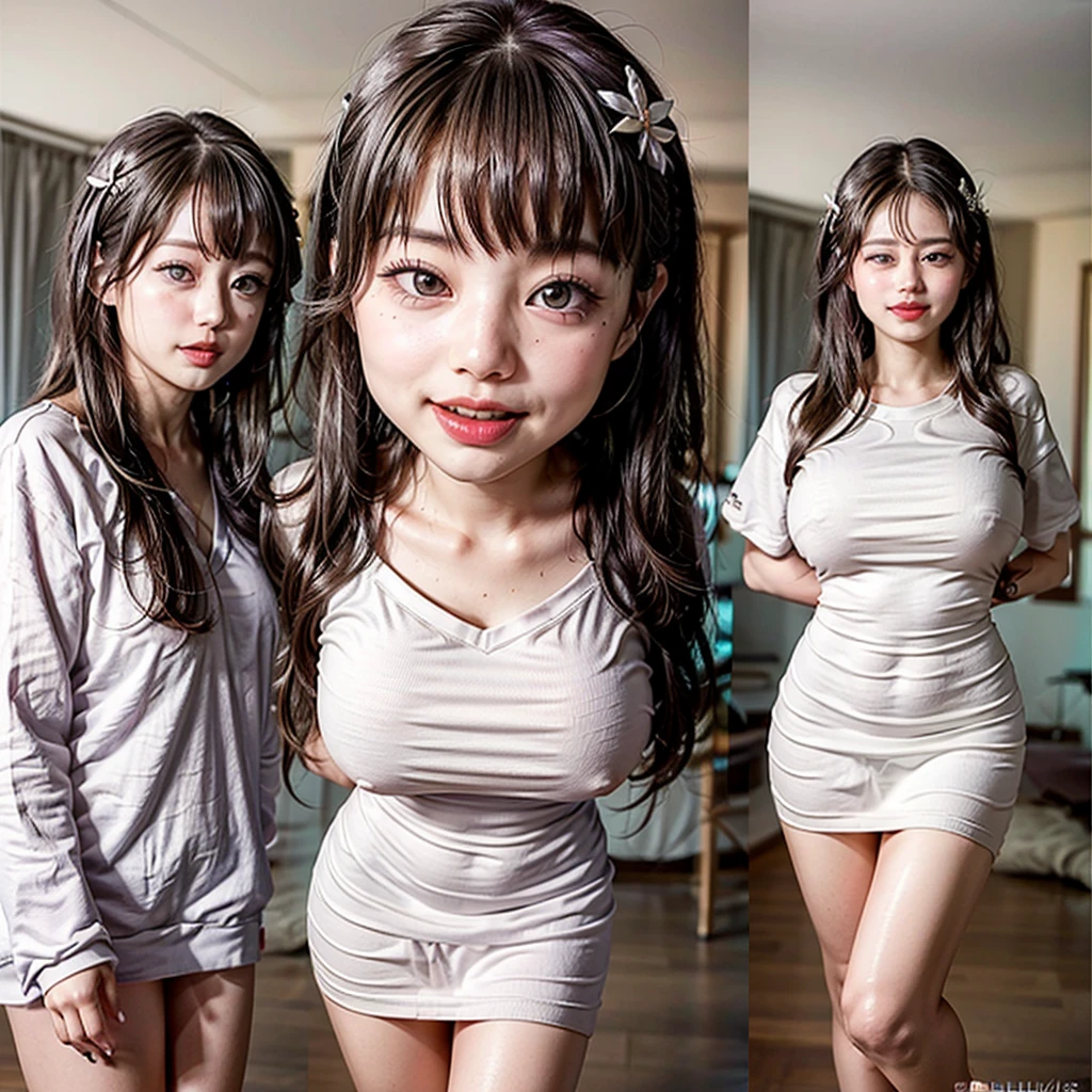 White and Bright Red, (Masterpiece 8K TopQuality:1.2) (ProfessionalPhoto:1.37) ExtremelyDetailed (((KAWAII girl with HUGE boobs:1.4)) yellow oversized t-shirt (Extremely detailed cotton textures) BREAK (((NOGIZAKA FaceVariations))), Extremely Detailed very KAWAII FaceVariations, Childish CaptivatingGaze Stunning ParfectEyes ElaboratePupils with (SparklingHighlights:1.28), DoubleEyelids with (Detailed Voluminous LongEyelashes:0.88), Small GlossyRedLips with BeautifulDetails, CoquettishTongue, PUNIPUNI RosyCheeks, Radiant PearlSkin with Transparency, Glowing DowneyHair . { (Dynamic Joyful expressions LifeLike Rendering:1.4) | (:d) }, (large eyes:-1) .