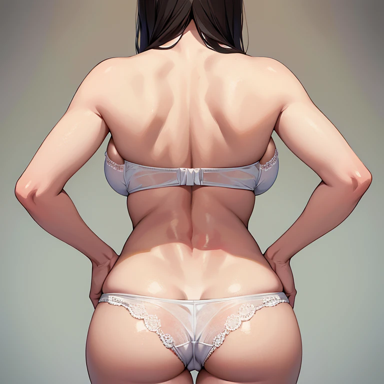 Best quality, best image quality, masterpiece, skeletal body, skeletal hands, skeletal fingers, one girl, girl's back view, close-up on buttocks, (wearing white underwear), underwear with lace decoration, big buttocks, big breasts, well-balanced proportions, Japanese girl, looking at camera, horny expression, Youthful skin, beautiful skin, Hands pointing in the right direction, Beautiful back,