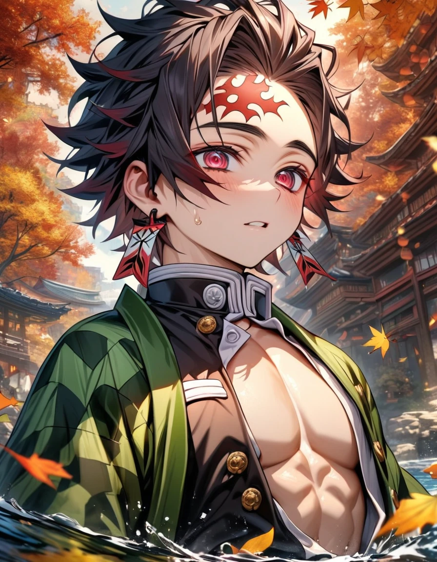 Ultra detailed, highres, absurdres, HDR, master piece, Kamado Tanjirou, ruffled black hair with burgundy tips, short hair, expressive dark red eyes, hanafuda earrings, Kimetsu No Yaiba, water, autumn, petals, orange and yellow leaves, sexy man, solo, handsome, demon slayer uniform, green haori, best quality, red mark on his forehead